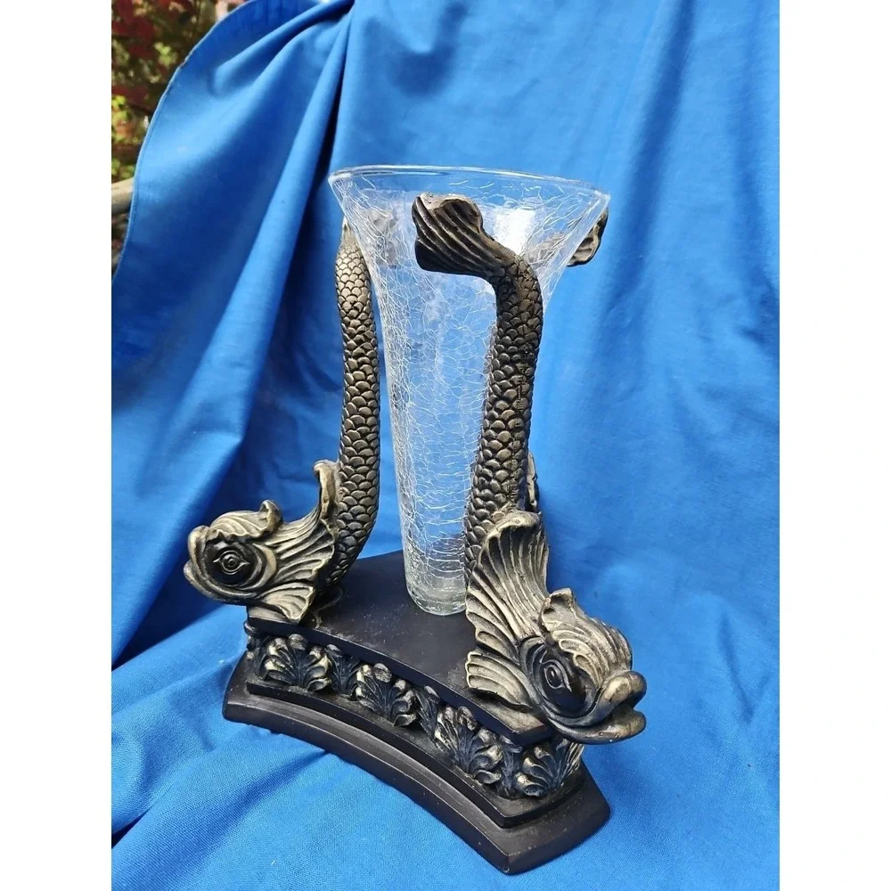 Vintage Japanese Dolphin Koi Fish Vase Centerpiece‎ Neoclassical Crackle 12